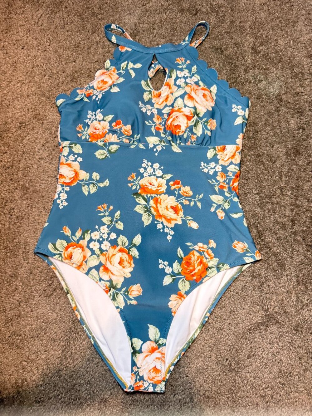 Cupshe High Neck Scalloped Floral One Piece Swimsuit Teal Orange Keyhole Size XL